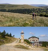 Nahoře: Dlouhé Stráně, v pozadí Praděd. Dole: Chata Jiřího na Šeráku. [Zväčšiť - nové okno]